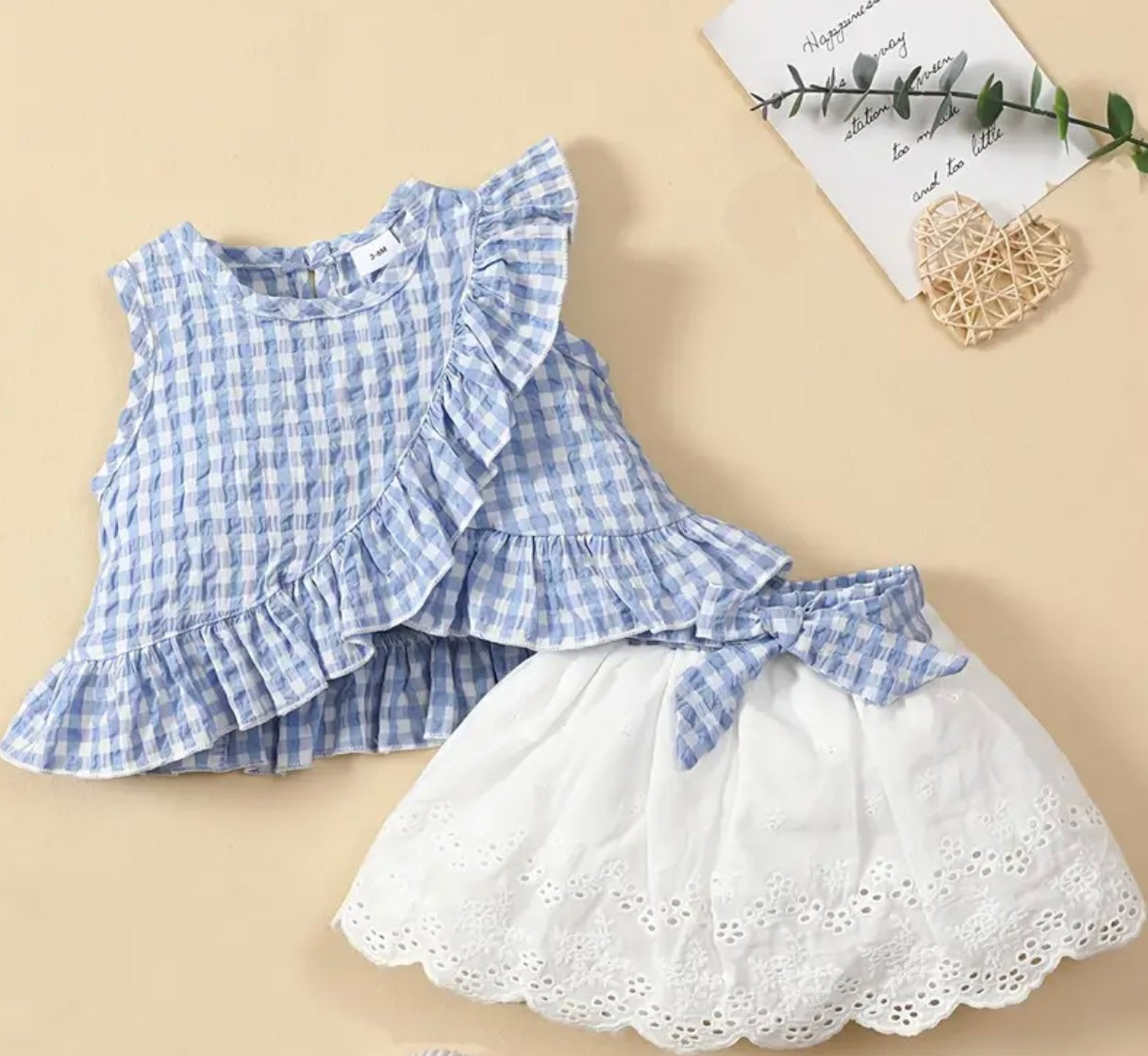 Blue Plaid Top & Lace Skirt Set