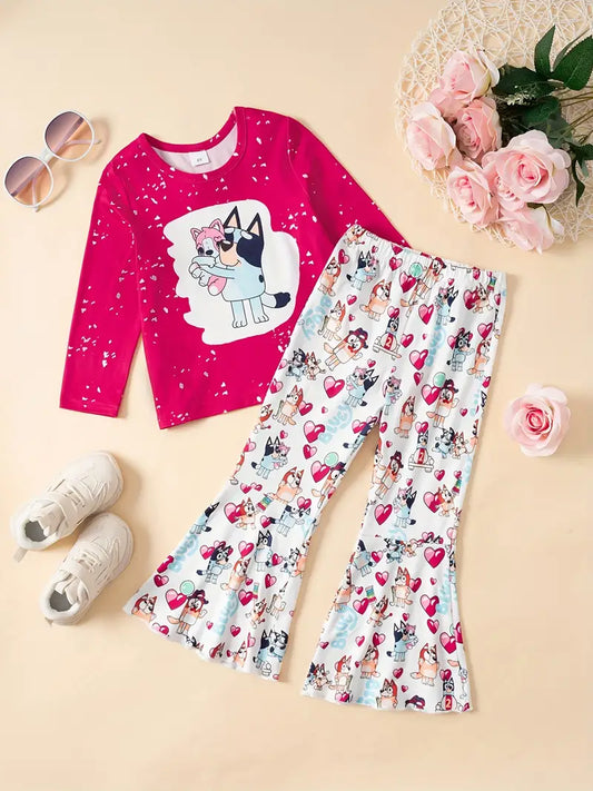 2pcs, Cute Cartoon Dog Print Long Sleeve Top and Flared Pants