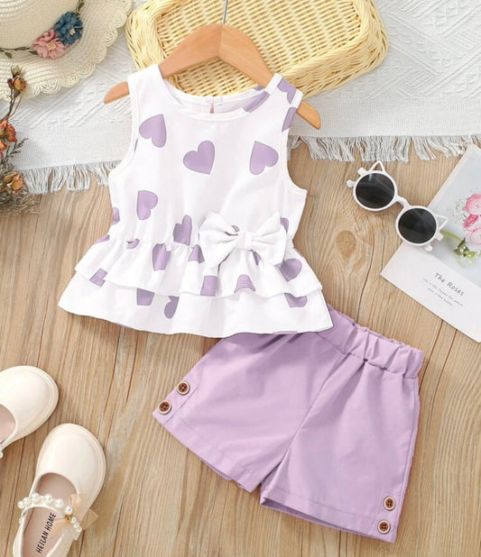 Heart Print Bow Front Peplum Tank Top & Button Shorts