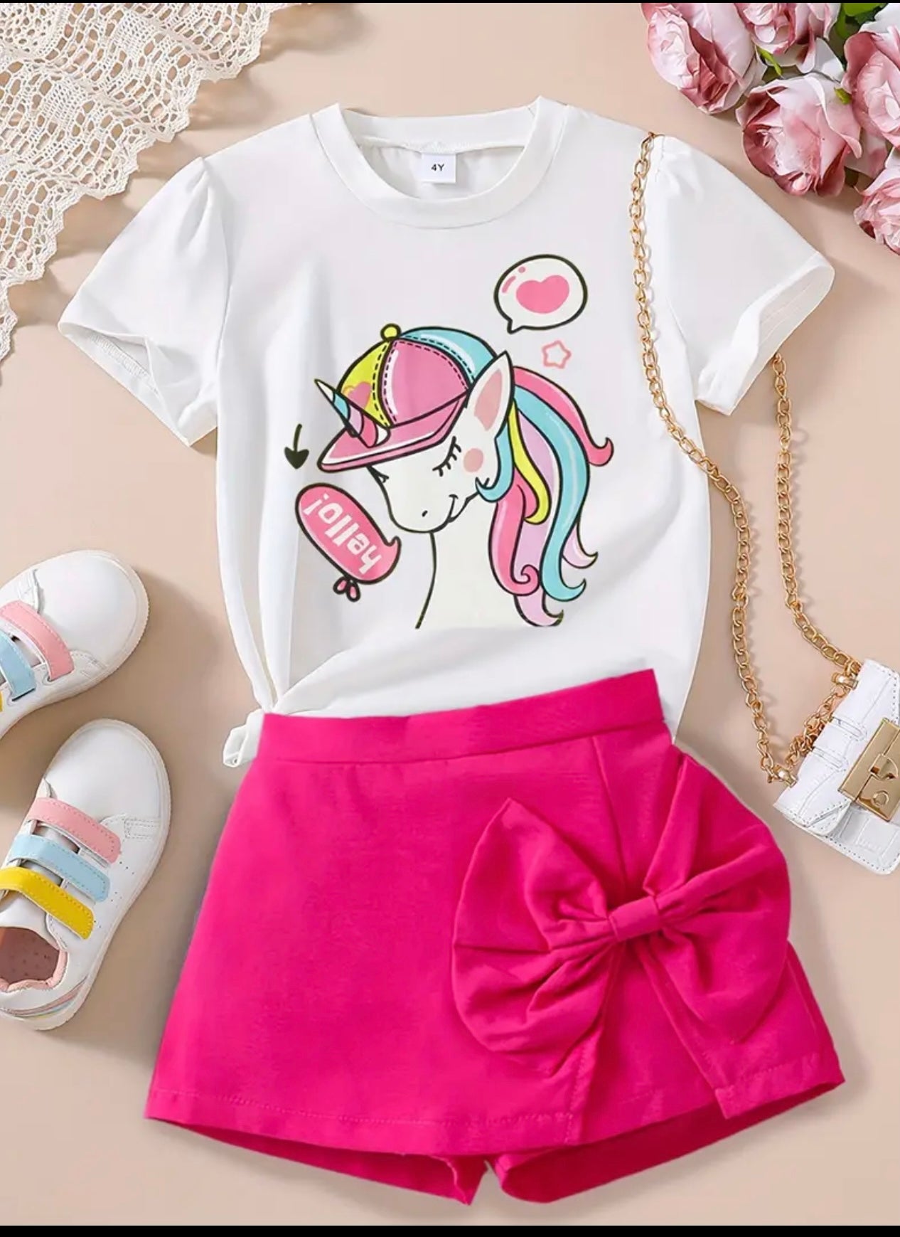 Adorable Unicorn Print Girls 2PCS Set - Soft Short Sleeve T-Shirt with Bow Skort