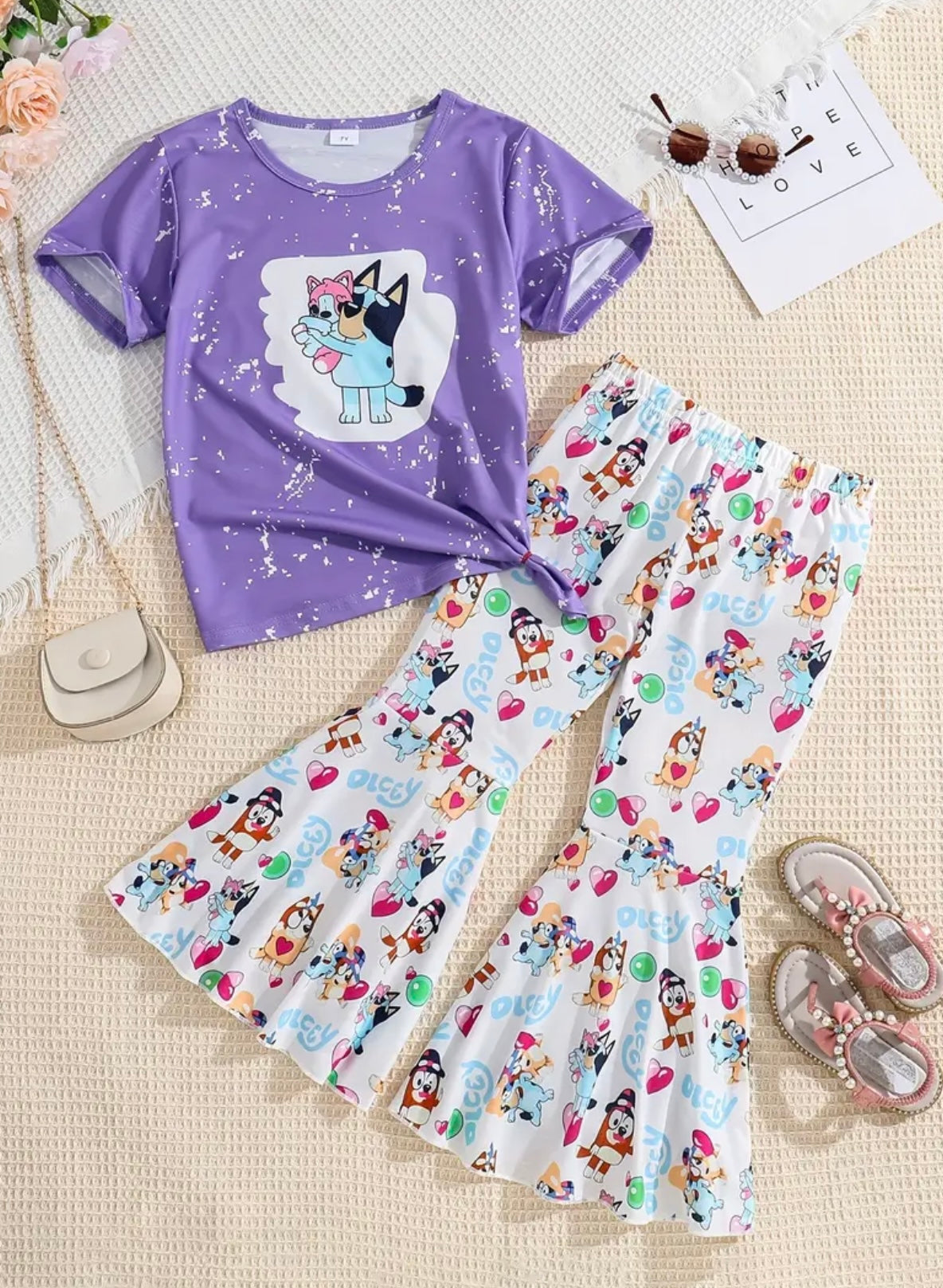 Toddler Girls Bell Bottom  Tie Dyed Crew Neck Short Sleeves Tee And Bell Bottom Pants Set - Blue Dog