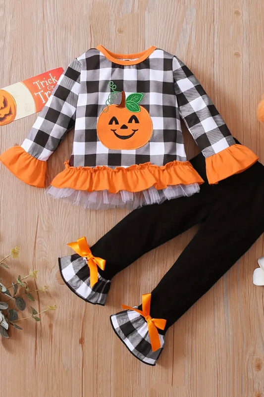 Halloween Outfit for Toddler Girls: Plaid Ruffles Sweatshirt & Flared Pants!