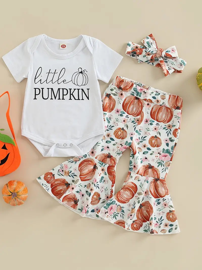 3pcs Newborn Infant Short Sleeve Romper "PUMPKIN" Print Crew Neck Bodysuit & Elastic Waist Pumpkin Floral Print Flare Leg Pants & Headband Set For Baby Girls Toddler Clothes