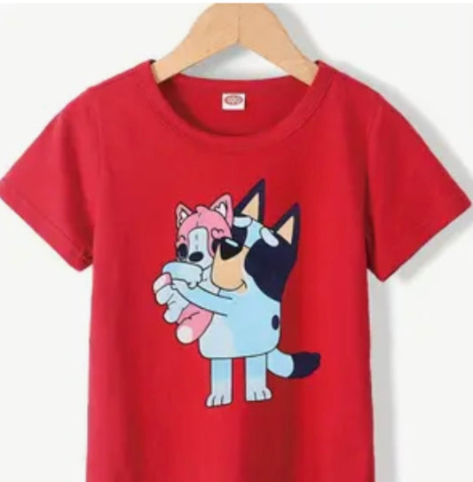 Cartoon Dog Print Short Sleeve T-Shirt- Red