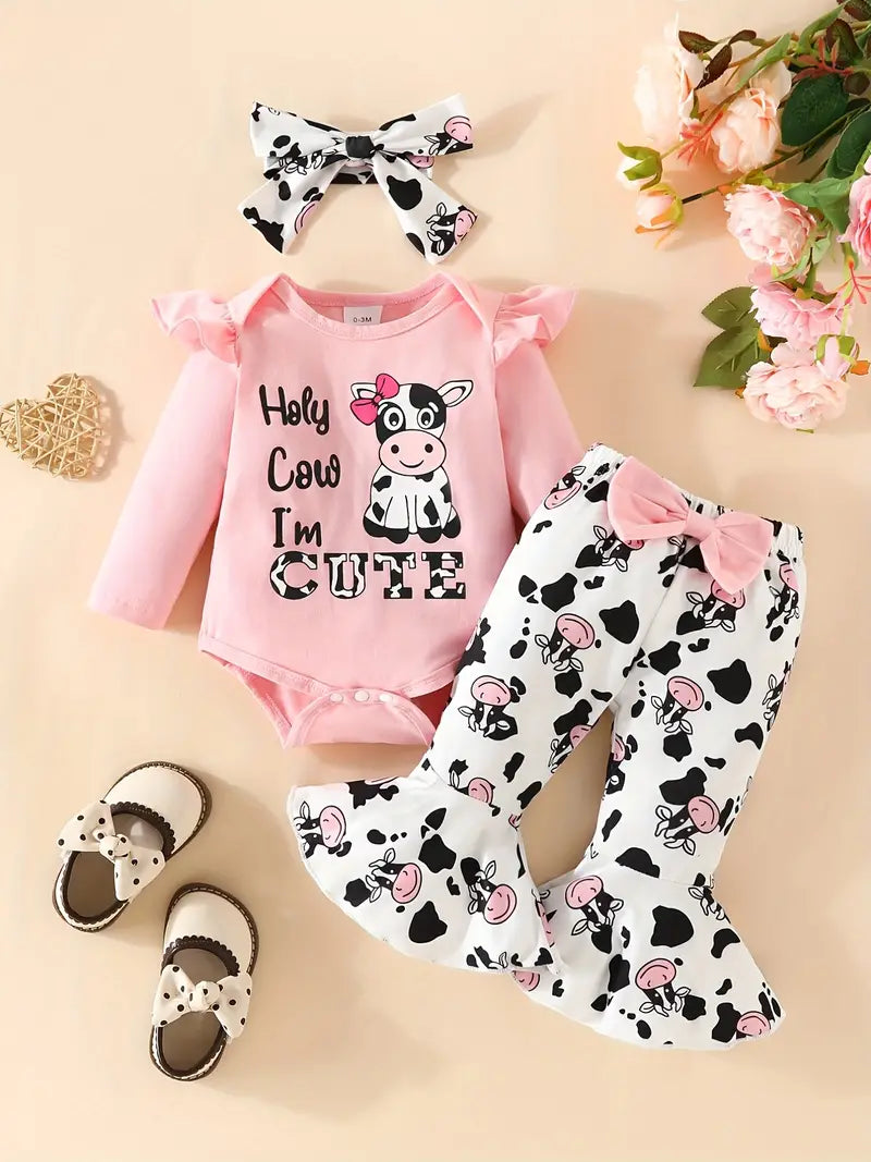 Cow Outfit - Long Sleeve Infant Romper + Bowknot Flared Pants Baby Girls