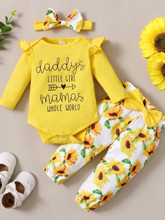 Long Sleeve Romper With "daddy's Little Girl" Print & Sunflower Print Bow Pants