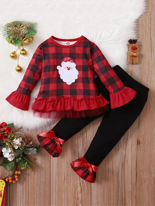 2pcs Toddler Baby Girls Christmas Outfits Santa Long Sleeve Ruffle Top & Plaid Flared Pants Set