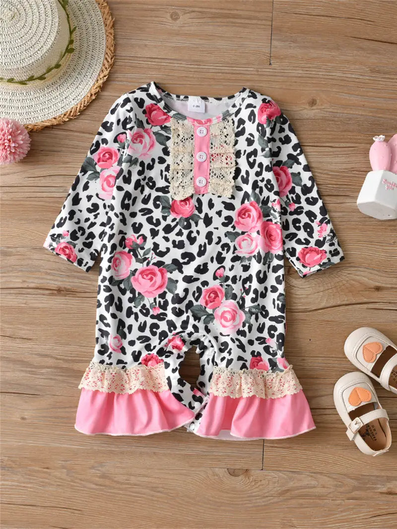 Floral Leopard Print Long Sleeve Rompers