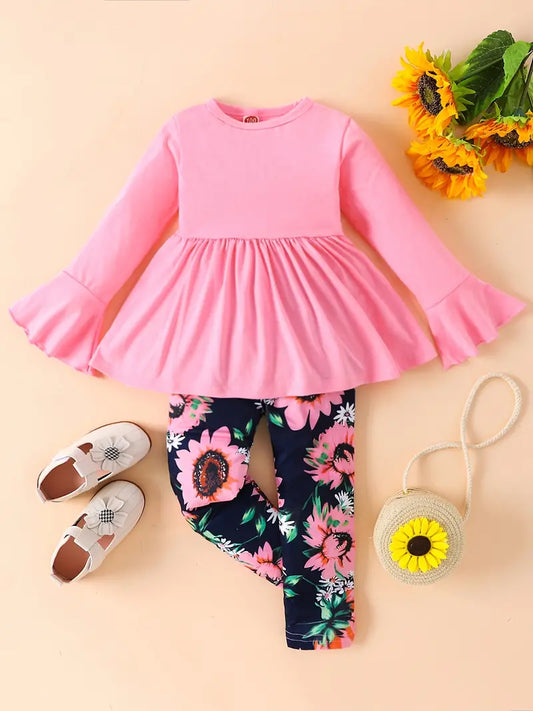 Sunflower Pattern Girl's 2pcs, Long Sleeve Top & Leggings Set