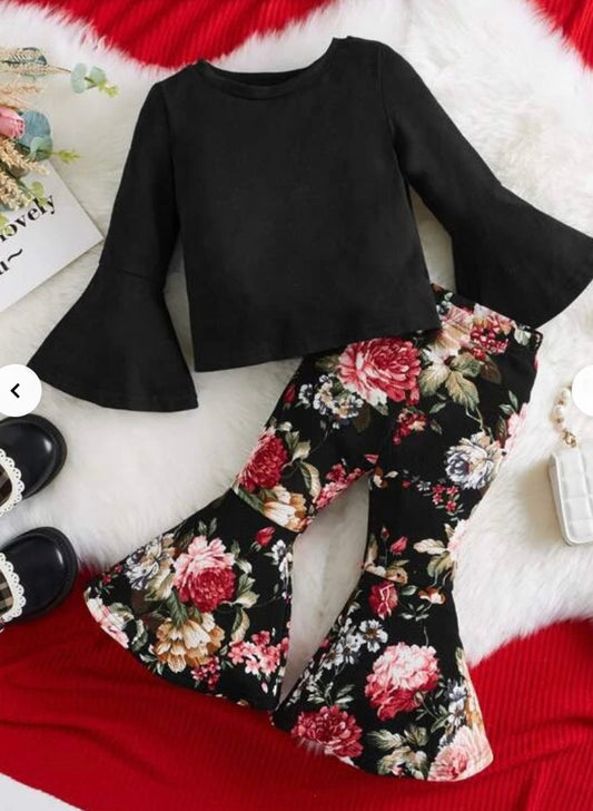 Flounce Sleeve Tee & Floral Print Flare Leg Pants