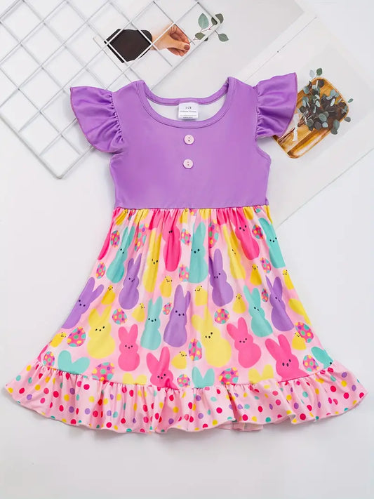 Girls Splicing Bunny Graphic Flutter Trim Sleeveless Dress For Spring Summer Easter