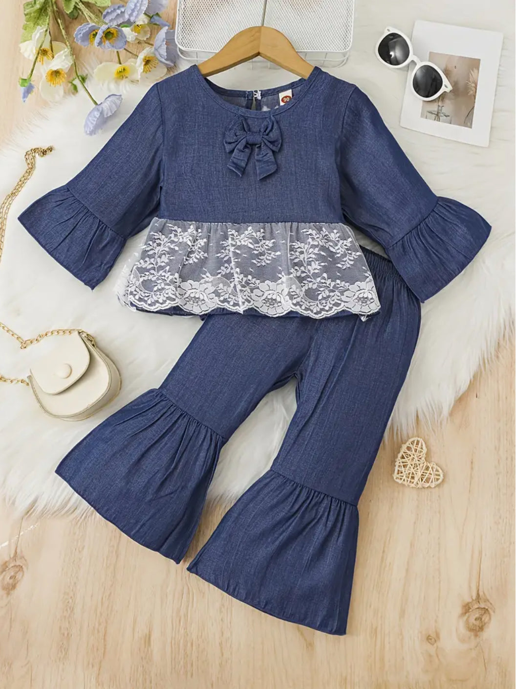 Coquette Denim-Look Set Lace Long-Sleeve Top & Flared Pants