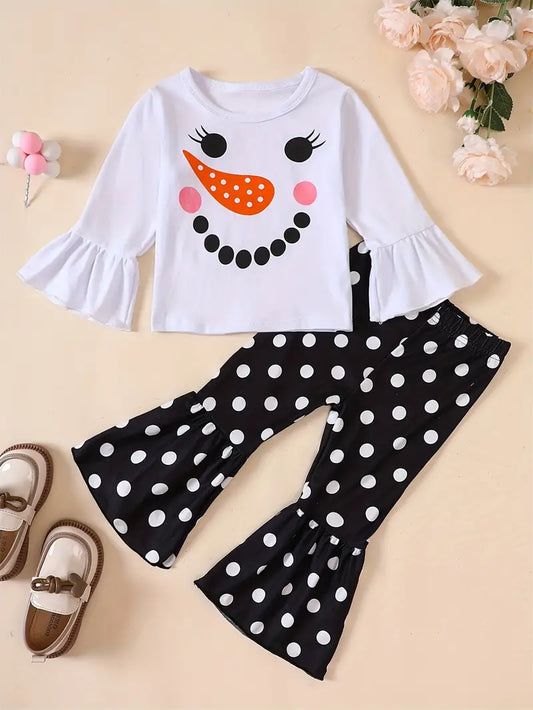 Snowman Long Sleeve Top & Polka Dots Pattern Flared Pants