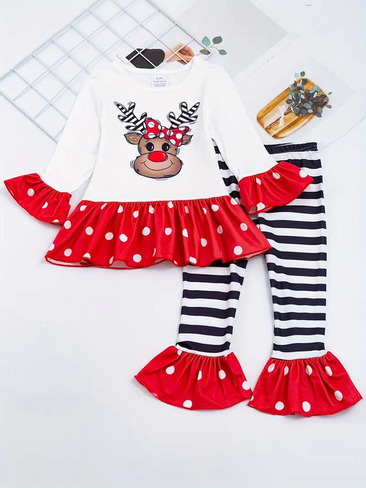 Reindeer Polka Dot Print Pullover with Flared Stripped Pants