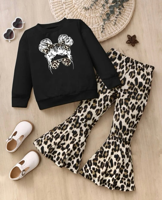 Toddler Figure Graphic Sweatshirt with Leopard Print Flare Pants