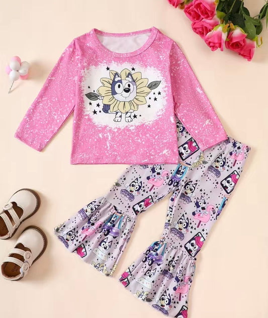 Sunflower Dog Pattern Long Sleeve Top with Flared Pants